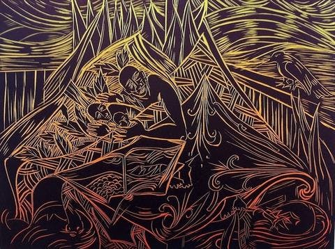 linocut of people caught in waves, orange and red lines on black background