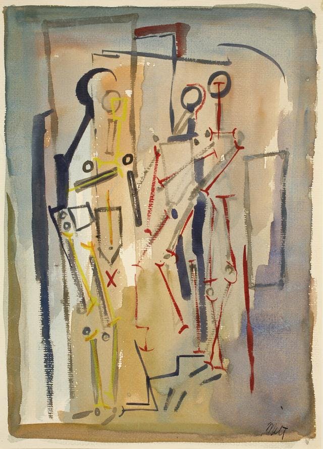 Watercolor painting of abstract figures